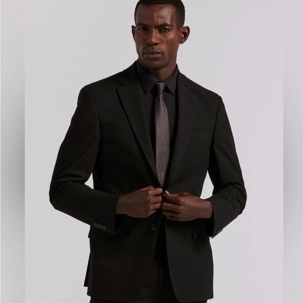 PERRY ELLIS Black Shadow Cord Textured Slim-Fit Stretch Two-Button Blazer 42L